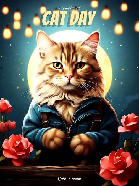 PSD cat day poster on one color background