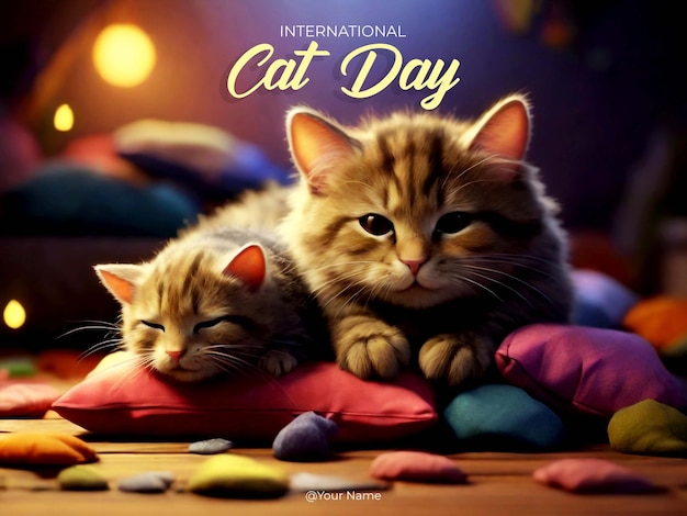 PSD cat day poster on one color background