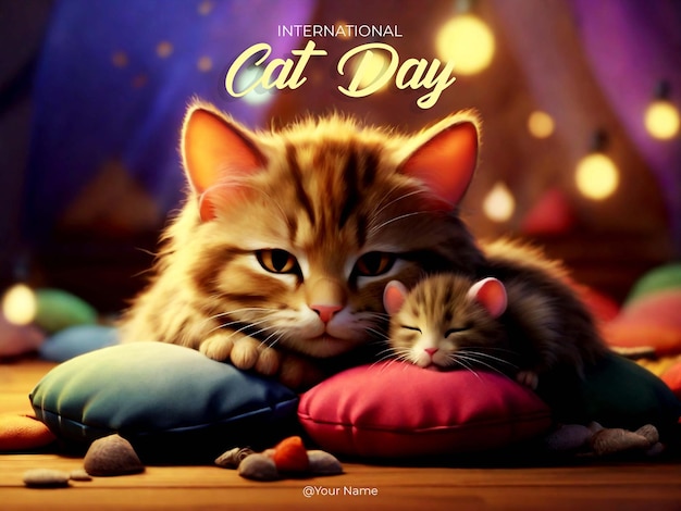 Cat day poster on one color background