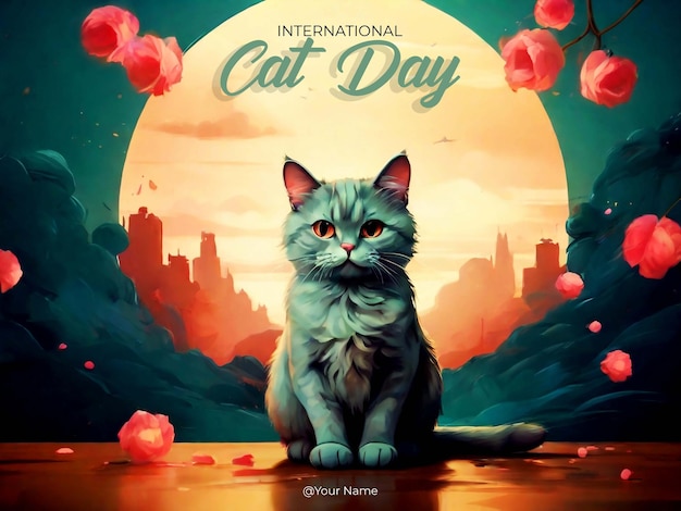 PSD cat day poster on one color background