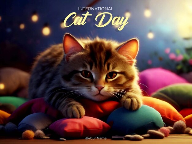 Cat day poster on one color background