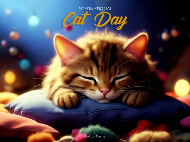 Cat day poster on one color background