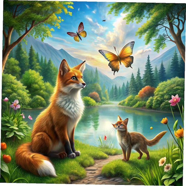 PSD cat and fox and betterfuly in forest on transperent background