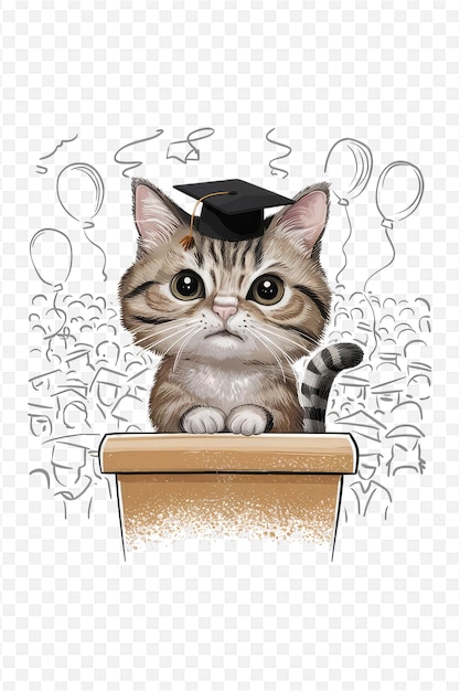 PSD a cat in a graduation cap sits on a podium with a diploma on it