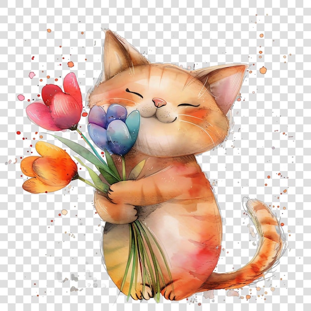 PSD cat holding colorful flowers nuresery watercolor