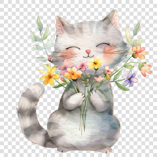 PSD cat holding colorful flowers nuresery watercolor