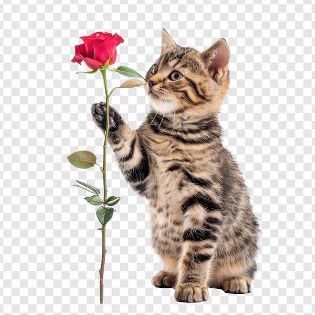 PSD cat holding rose with his mouth full body standing on transparency background psd