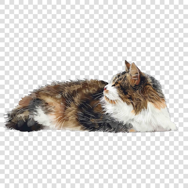 PSD a cat is laying down on a white background with a black and brown fur