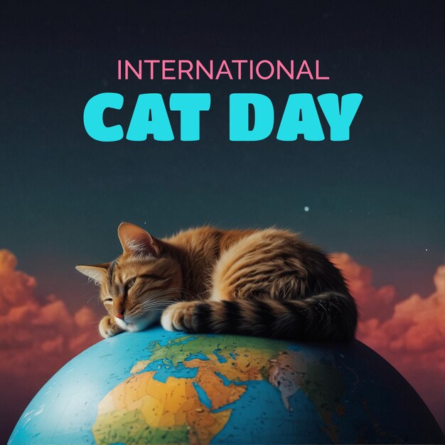 PSD a cat is sitting on top of a globe that says international cat day