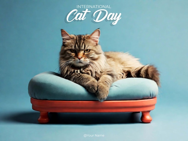 a cat laying on a blue cushion with the words cat day of 2010