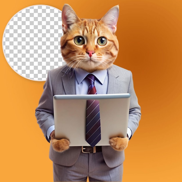 PSD cat like developer with laptop in full growth