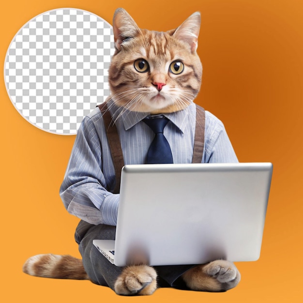 PSD cat like developer with laptop in full growth