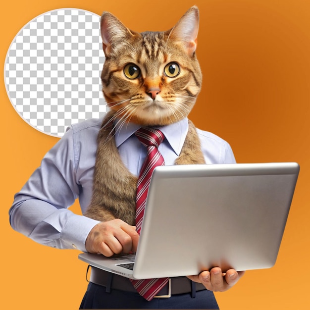 PSD cat like developer with laptop in full growth