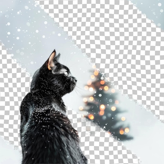 PSD a cat looking at a christmas tree in the snow