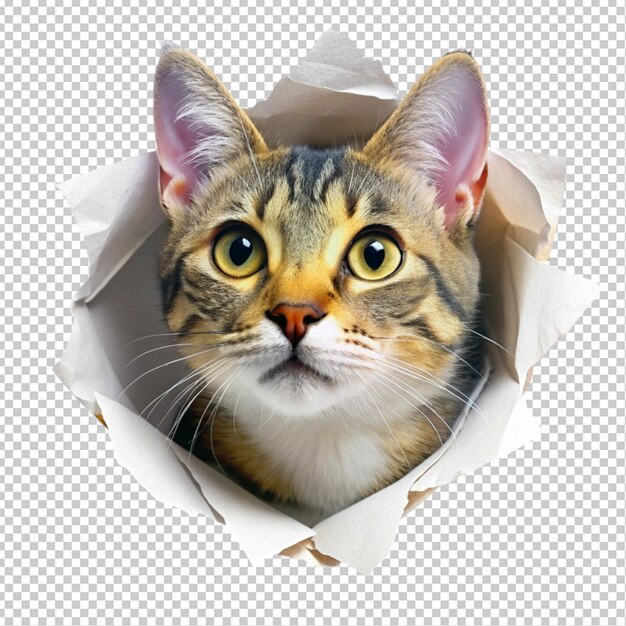 cat looking up in paper side torn hole transparent background