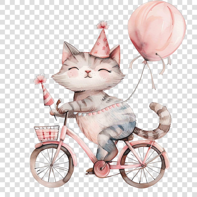 cat riding a pink bike nuresery watercolor