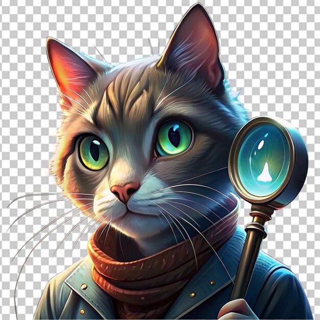 PSD cat sherlock holmes looks through a magnifying png