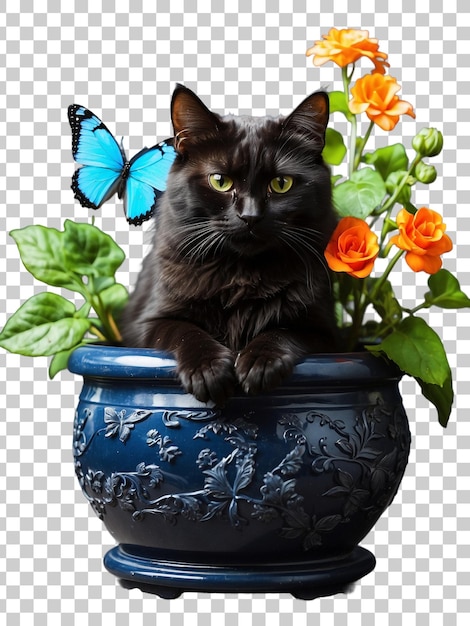 PSD a cat sits in a flower pot with butterflies on it