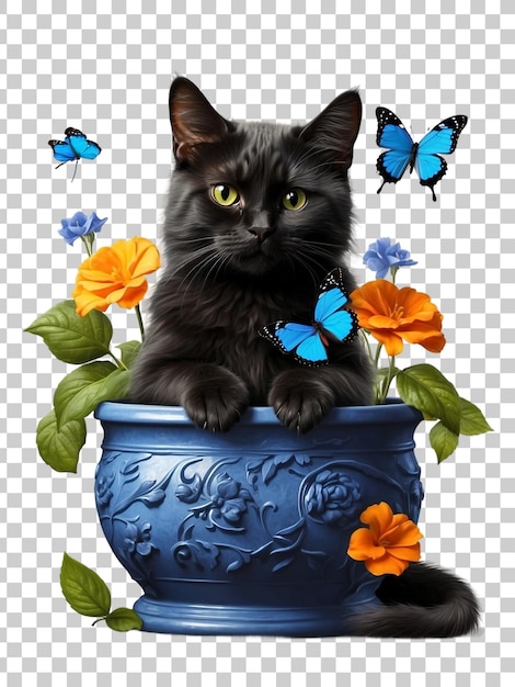 PSD a cat sits in a flower pot with butterflies on it