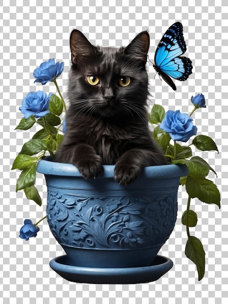 PSD a cat sits in a flower pot with butterflies on it