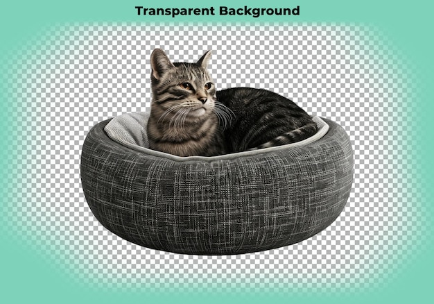 Cat sitting on her comfy bed isolated on transparent background