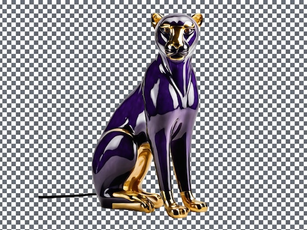 a cat statue with a purple and black face is shown