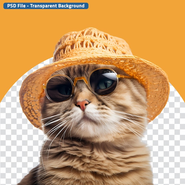 PSD cat in straw hat and cool sunglasses dressed in summer clothes symbolizing summer fun