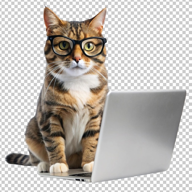 cat wearing glasses using laptop transparent background