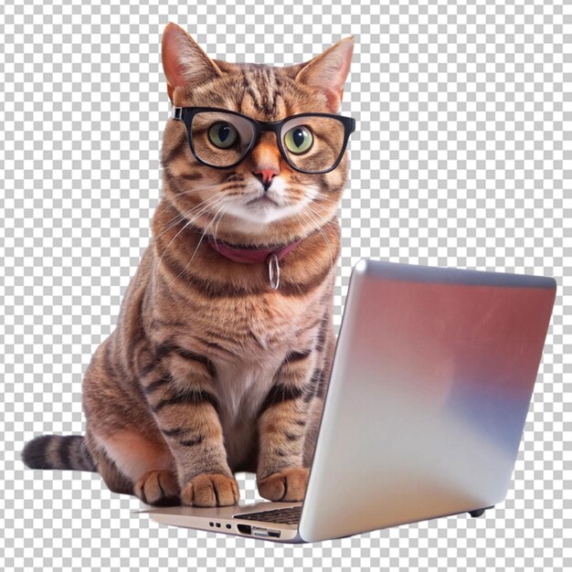 cat wearing glasses using laptop transparent background