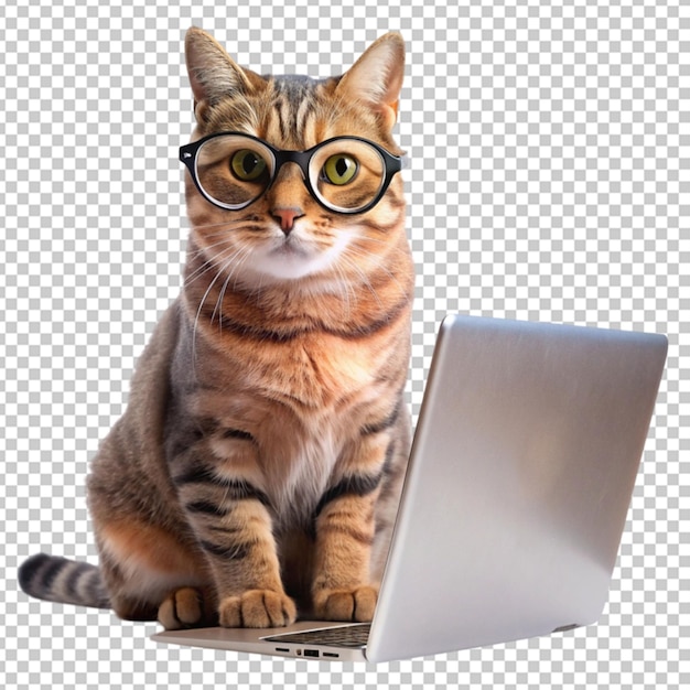 cat wearing glasses using laptop transparent background