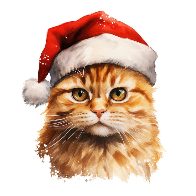 Cat Wearing Santa Hat For Christmas Event Watercolor Style AI Generated