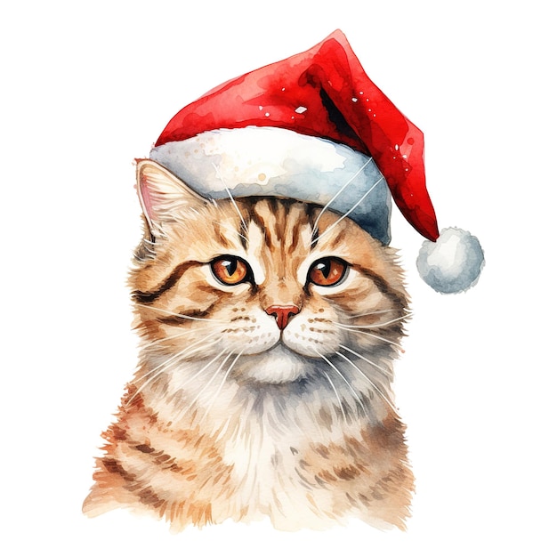 Cat Wearing Santa Hat For Christmas Event Watercolor Style AI Generated