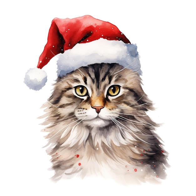 Cat Wearing Santa Hat For Christmas Event Watercolor Style AI Generated