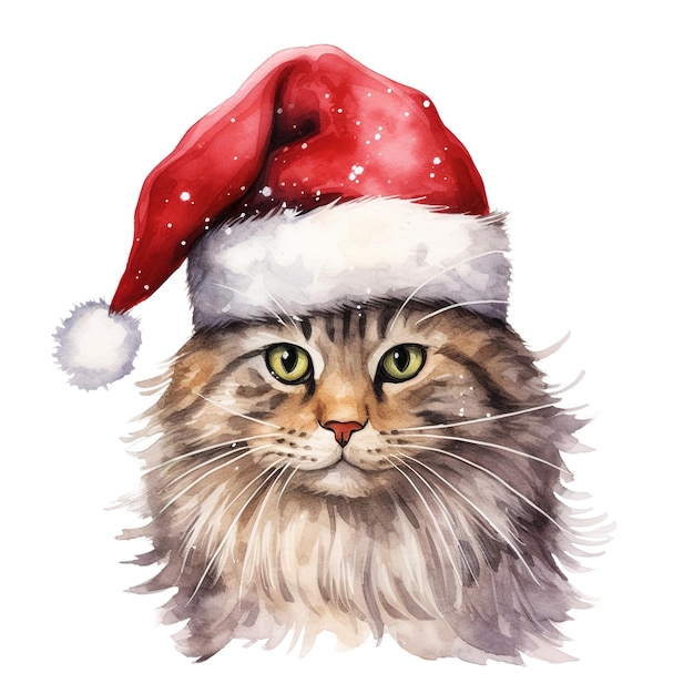 Cat Wearing Santa Hat For Christmas Event Watercolor Style AI Generated