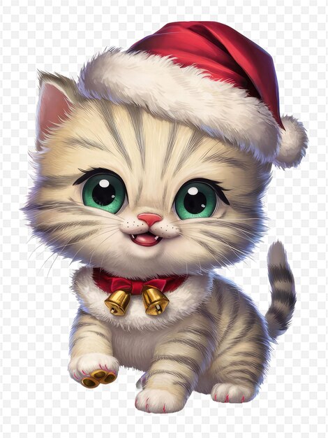 PSD a cat wearing a santa hat with a bow on it