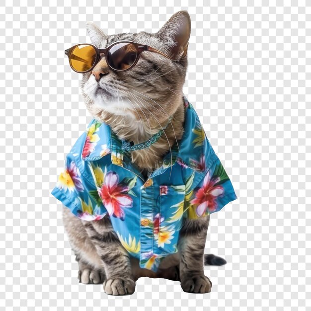 PSD cat wearing summer shirt and sunglasses full body standing on transparency background psd