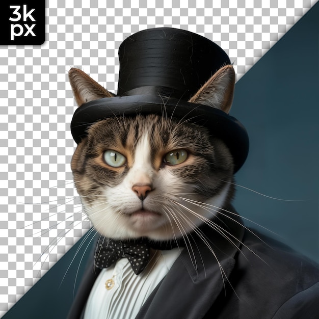 PSD a cat wearing a top hat and bow tie with a black background