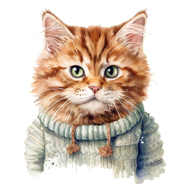 PSD cat wearing winter clothes for christmas event watercolor style ai generated