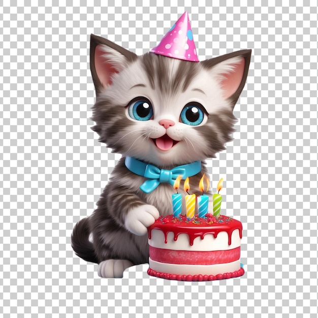 a cat with a birthday hat on its head isolated on a transparent background