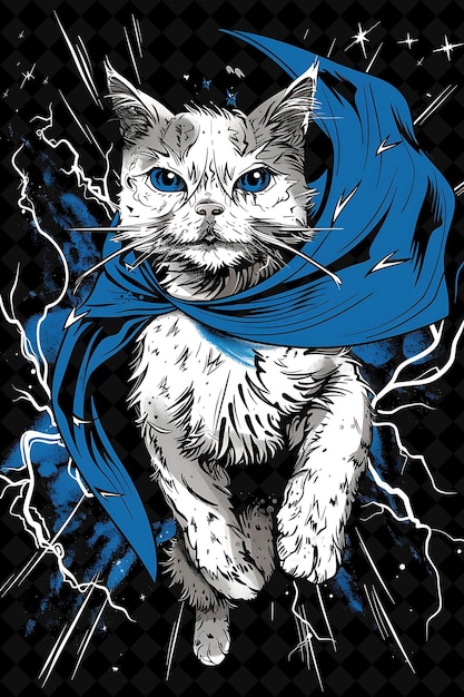 a cat with a blue scarf on its head is in a black and white poster