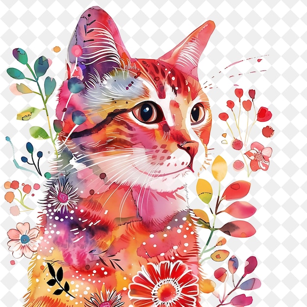 a cat with a colorful background with flowers and a picture of a cat