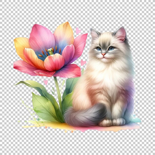 PSD cat with colorful flower illustration isolated on transparent background