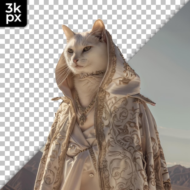 PSD a cat with a gold scarf on its head stands in front of a black and white photo