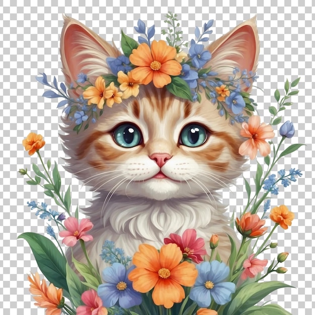 a cat with a green eyes sits in a floral arrangement