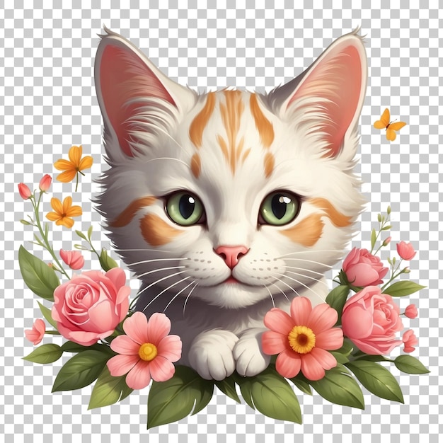 a cat with a green eyes sits in a floral arrangement