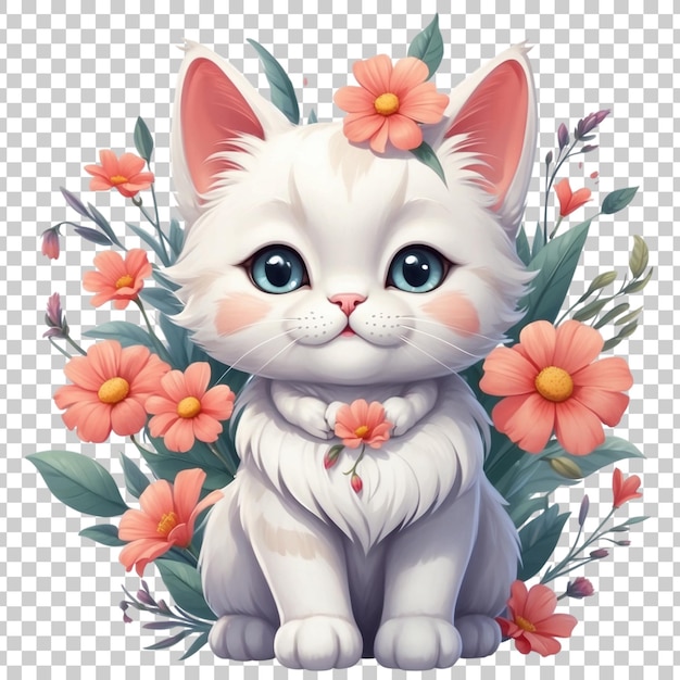 a cat with a green eyes sits in a floral arrangement