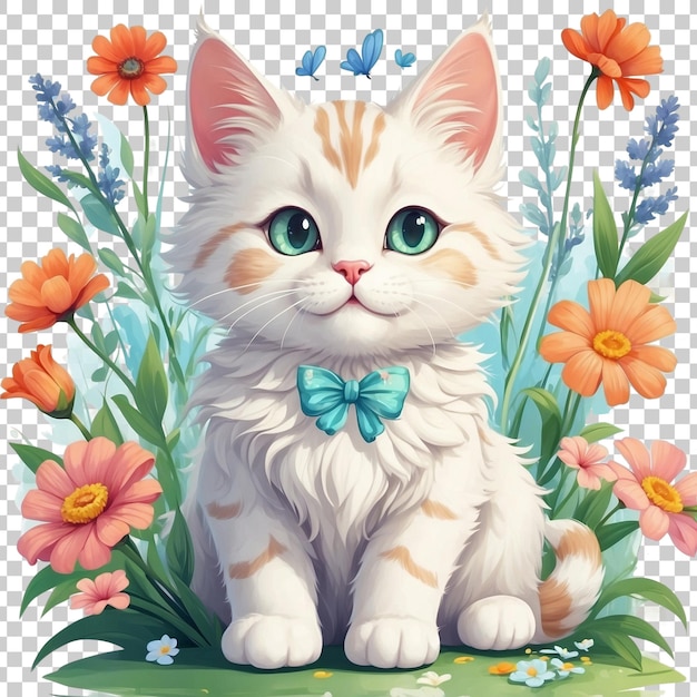 a cat with a green eyes sits in a floral arrangement