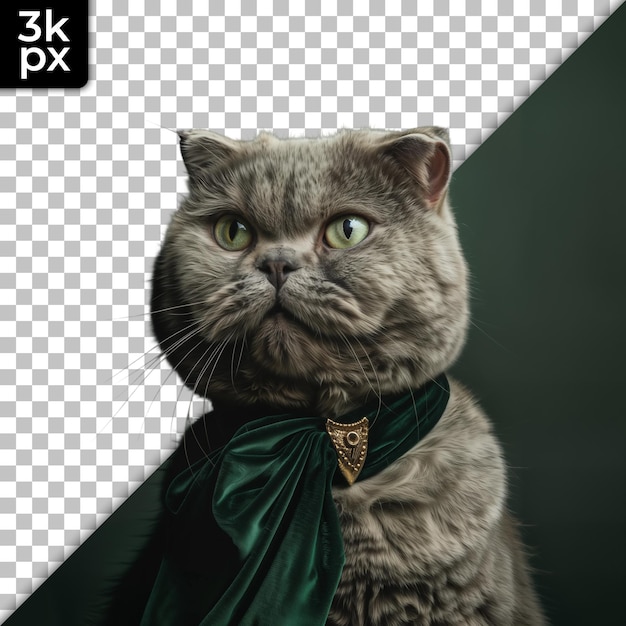 PSD a cat with a green scarf on its neck