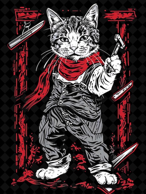 PSD a cat with a gun on his head and a red scarf