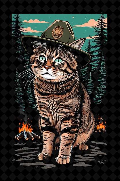 a cat with a hat on its head and a fire in the background